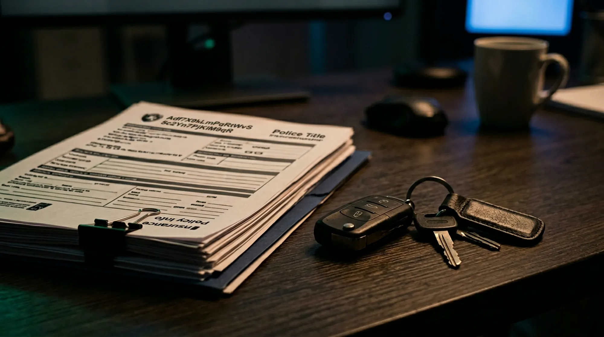 Uporządkowane dokumenty polisy przy kluczykach do samochodu